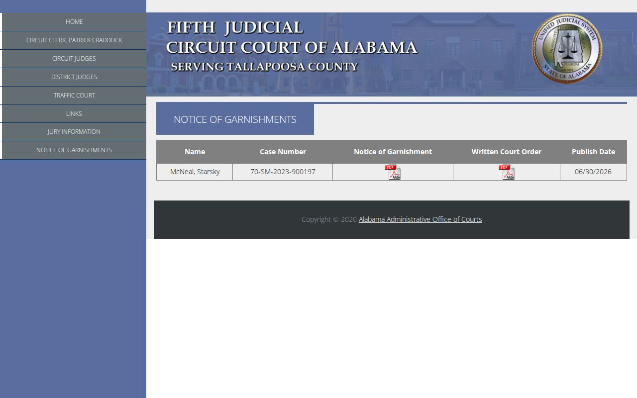 Tallapoosa County Circuit Clerk garnishment court records notice
