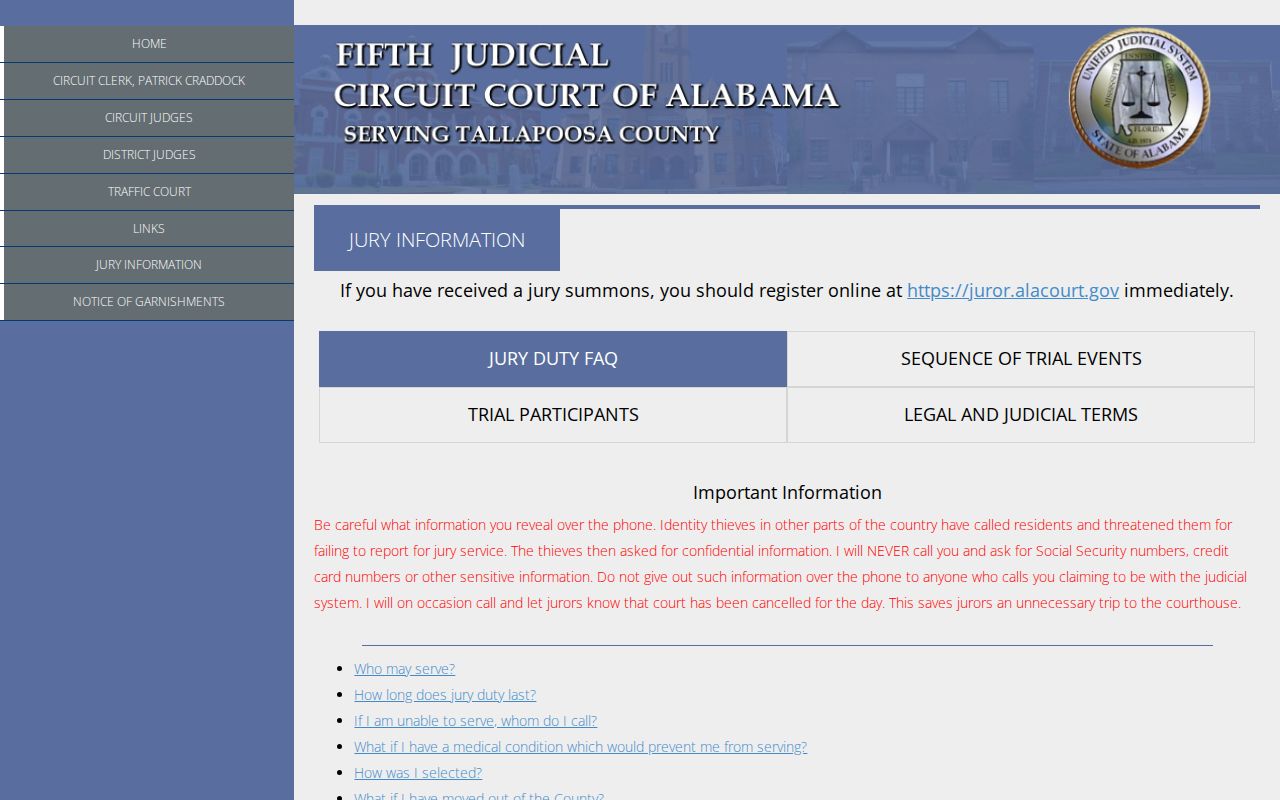 Tallapoosa County court jury information and courthouse rules
