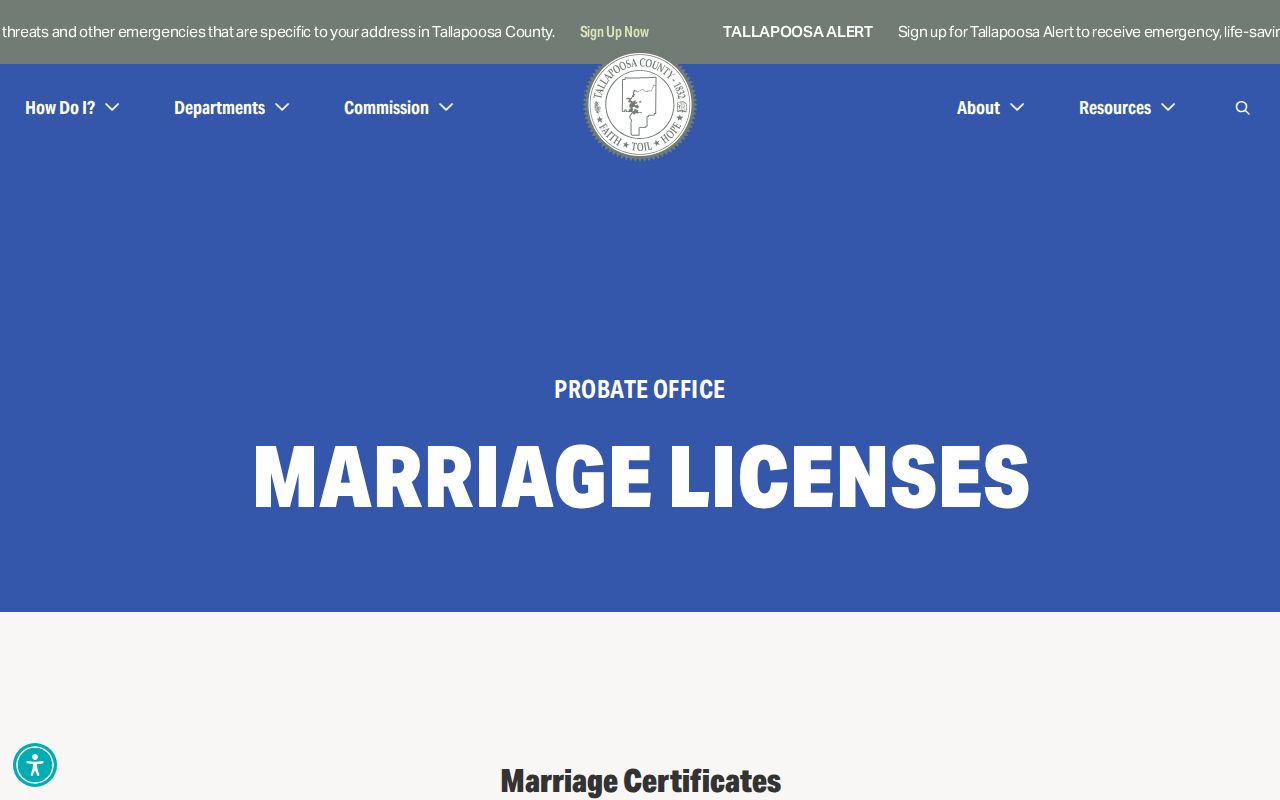 Tallapoosa County marriage records and Probate Office certificate service